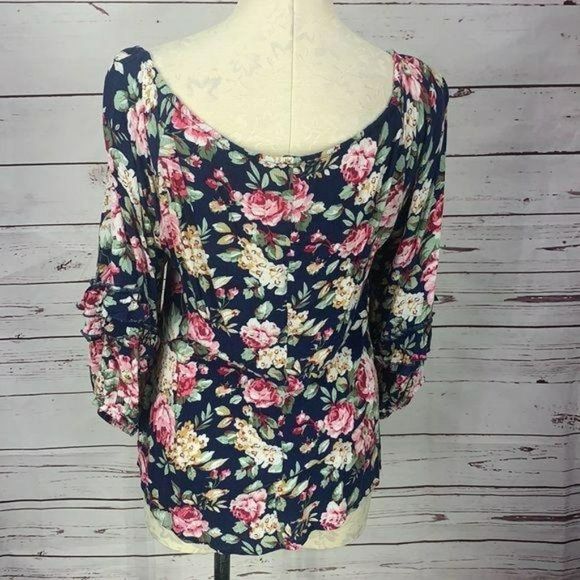Umgee Woman's Blue Floral Print Scoop Neck Cotton Peasant Blouse Size Small - Picture 3 of 7